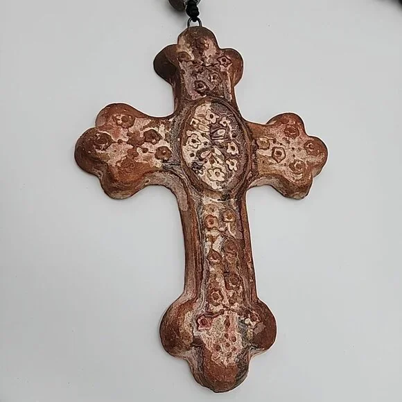 Very Large Old Rosary, Souvenir de Liesse Pottery Stoneware Heavy 56 Length